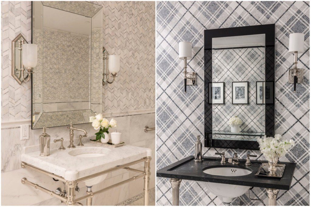 Two large working baths on the main level double as gorgeous design vignettes featuring AKDO's iconic mosaic collections, Allure and Balmoral Plaid.