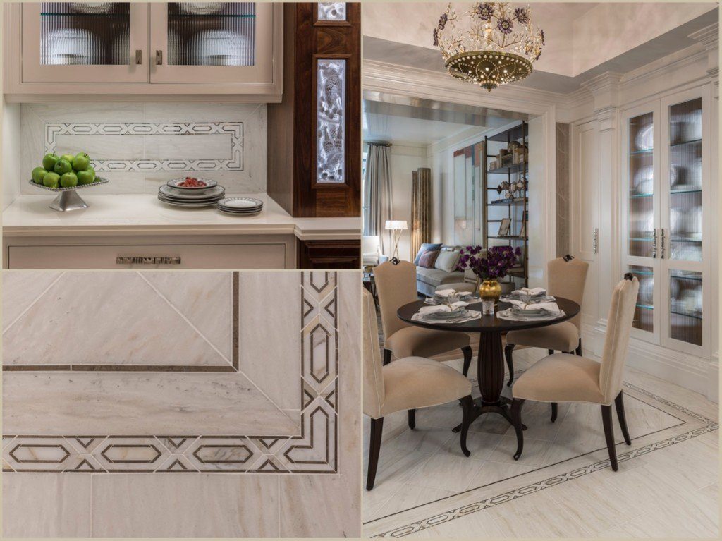 White Haze marble is the new, softer alternative for a chic look. Allure radiance borders create carpets to define the island and breakfast areas.