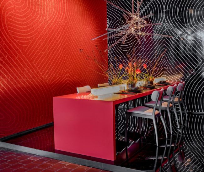 Maximalism in Hospitality Design. Restaurant Design. Black Polished Tile Floor. 