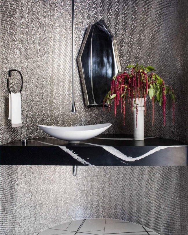 modern bathroom with silver metal mosaic tile feature wall