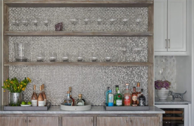 silver metal mosaic tile on bar backsplash